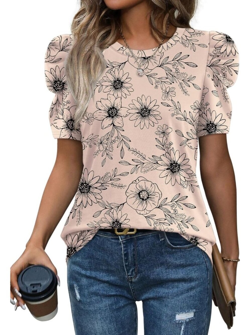 〽️ Women's Floral Beige Puff Sleeve Summer Crew Neck Casual Dressy T Shirt Tops